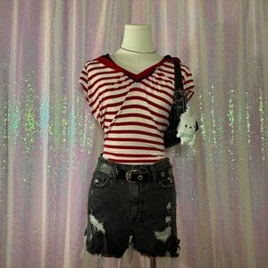 Frank Lyman Red & White Nautical Striped Short Sleeve Hoodie Top (10) ★